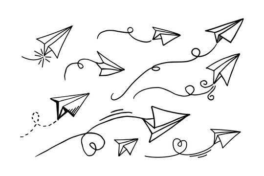 Set of doodle paper plane icon. Hand draw paper airplane. Vector Illustration.