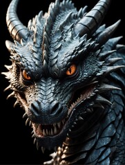 dragon closeup face portrait on black background from Generative AI © Arceli