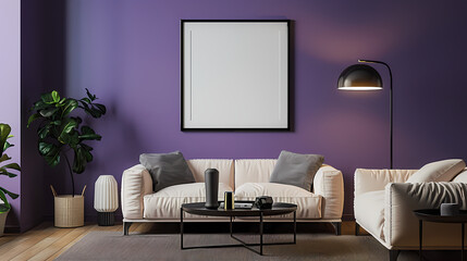 Frame mockup. The Violet wall tone symbolizes the color of passionate and unconditional love. Luxurious and elegant living room layout. Generative AI