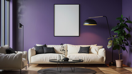 Frame mockup. The Violet wall tone symbolizes the color of passionate and unconditional love. Luxurious and elegant living room layout. Generative AI