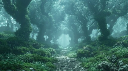Fototapeta premium Background Fantasy green colored mossy forest fairy