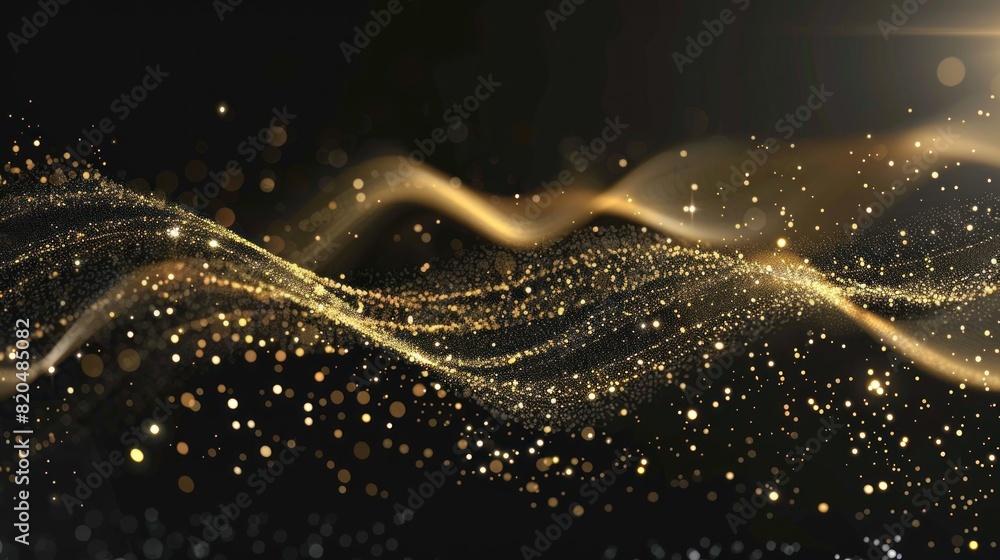 Poster abstract golden wave. shiny gold line design element with sparkling effect on dark background