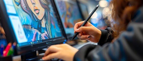 A student using a stylus to create a digital illustration
