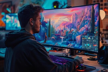 A student developing an animation project on a highresolution monitor