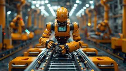 Fototapeta premium Control unit directs robotic arms in a logistics setting, orchestrating product placement on conveyor belts.generative ai