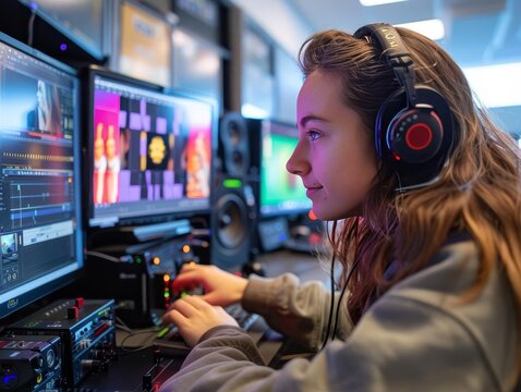 A student editing a music video in a digital media lab