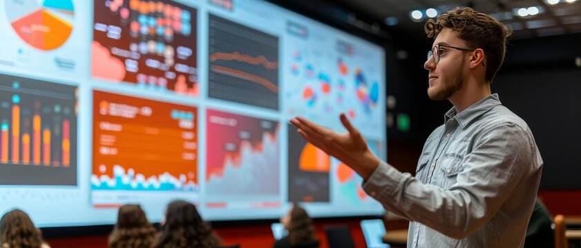 A student presenting a digital marketing project on a large interactive screen