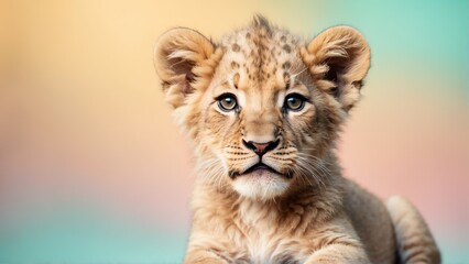 Fototapeta premium cute baby lion on bright pastel color background from Generative AI