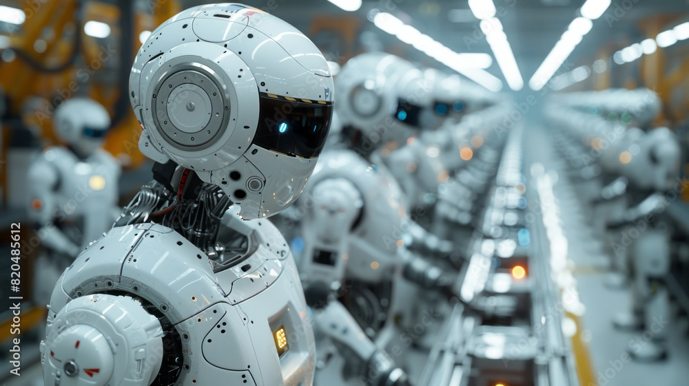 Poster control unit directs robotic arms in a logistics setting, orchestrating product placement on conveyo