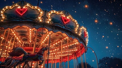 Whimsical carousel with heart-shaped lights: Spinning against starry sky on Valentine's night.