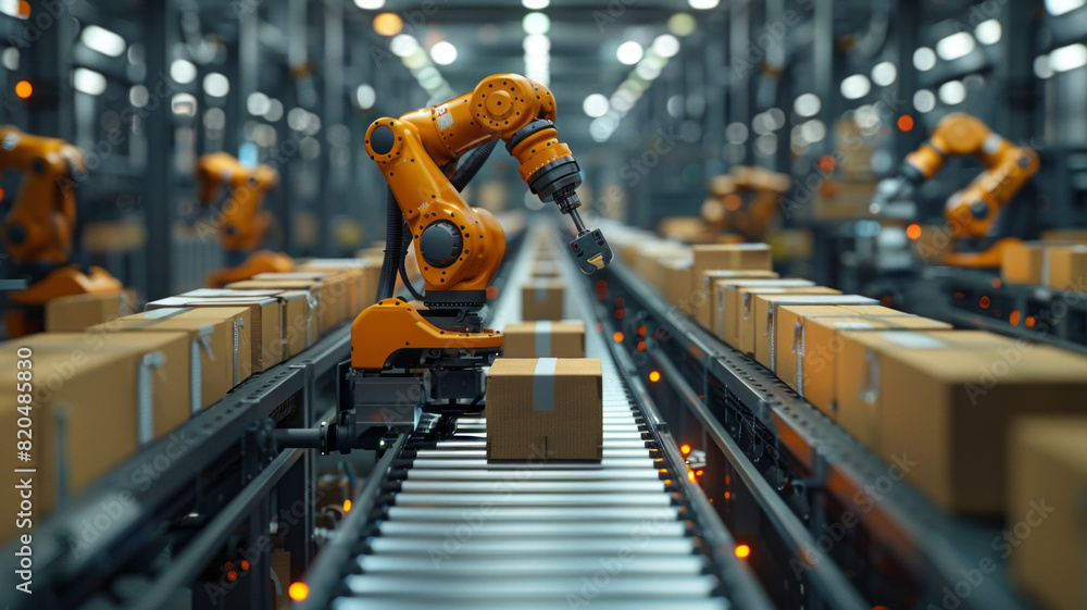 Aufkleber control unit directs robotic arms in a logistics setting, orchestrating product placement on conveyo