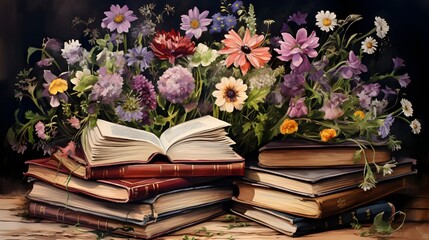 Flower books many books on each other with flowers photo floral books

