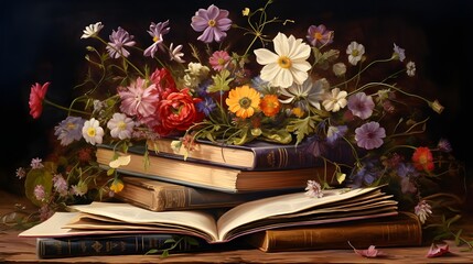 There is a painting of a bunch of flowers on a book generative ai

