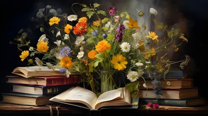 Wildflowers in an open book juxtaposing the romance of nature and literature
