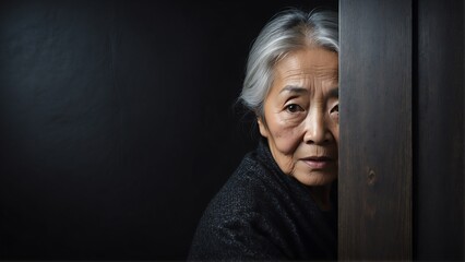 elderly asian woman peeking on a wall on plain black background from Generative AI