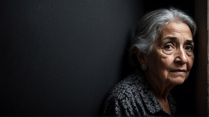 elderly hispanic woman peeking on a wall on plain black background from Generative AI