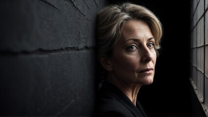 middleaged caucasian woman peeking on a wall on plain black background from Generative AI