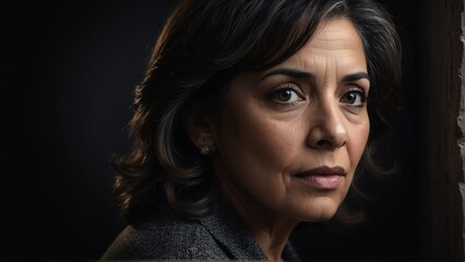 Fototapeta premium middleaged hispanic woman peeking on a wall on plain black background from Generative AI