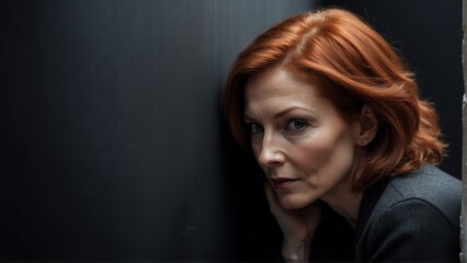 middleaged redhead woman peeking on a wall on plain black background from Generative AI