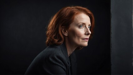 middleaged redhead woman peeking on a wall on plain black background from Generative AI