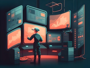 Sophisticated Control Room Overseeing Advanced Cloud and IT System Diagnostics with Sleek Bauhaus Inspired Design