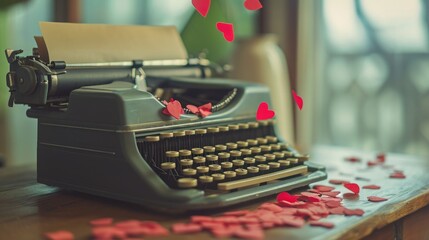 Vintage typewriter on desk: Scattered love letters, heart-shaped confetti for Valentine's expression.