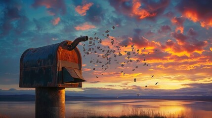 Vintage mailbox overflowing with love letters against picturesque sunset sky.