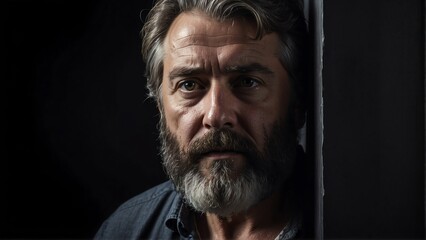 Obraz premium middleaged bearded man peeking on a wall on plain black background from Generative AI