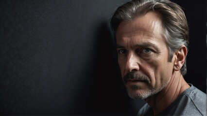Obraz premium middleaged caucasian man peeking on a wall on plain black background from Generative AI