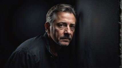 middleaged man peeking on a wall on plain black background from Generative AI