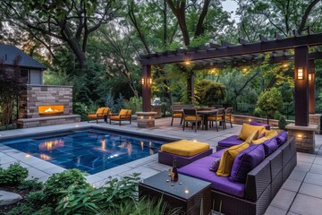 A modern outdoor living area with an unlit pool and purple and yellow couches under the shade of a wooden arbor in front of a dining table surrounded by chairs.