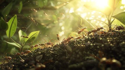 Ants crawling on the ground in a forest with sunlight shining through the leaves.