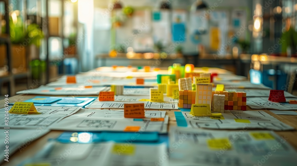 Poster a creative workspace filled with colorful sticky notes and planning documents on a wooden table in a