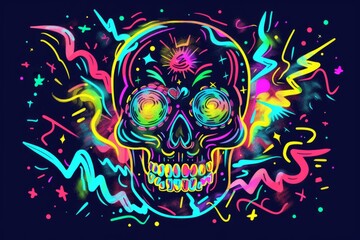 Cartoon cute doodles of a graffiti skull covered in vibrant street art and graffiti tags, Generative AI