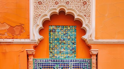 Vibrant tangerine backdrop featuring ornate tile patterns.