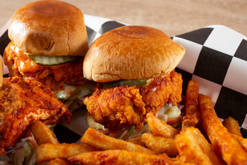 A closeup view of two Nashville chicken sliders.