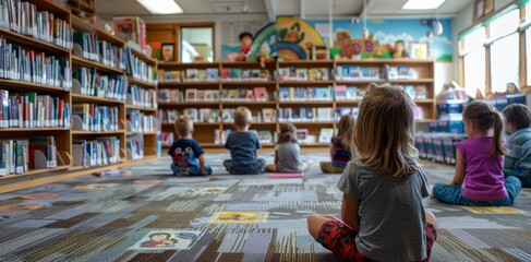 Children sitting on a library floor, attentively listening to a story being read by an adult in a colorful, book-filled room.