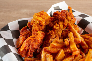 A view of a basket of Nashville chicken strips.