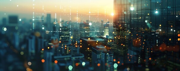 Obraz premium Futuristic cityscape at dusk with digital data overlays, representing technology, innovation, and smart city concepts.