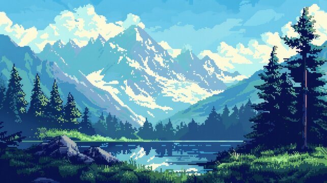 snow mountain and lake landscape background with 1-bit pixel style, Ai Generated Images.