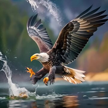 Eagles catch fish on the surface of the water