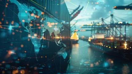 Obraz premium Global shipping industry concept with digital overlay, cargo containers, cranes, and vessels in the harbor illustrating global trade.