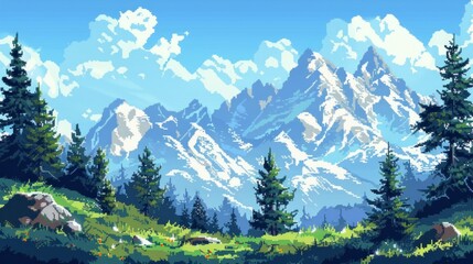 snow mountains landscape background in pixel style, Ai Generated Image