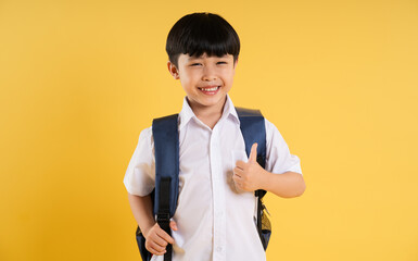 Portrait of adorable asian boy posing on yellow background