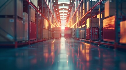 Fototapeta premium Modern spacious warehouse interior with tall shelves and boxes at sunset, highlighting industrial efficiency and storage organization.