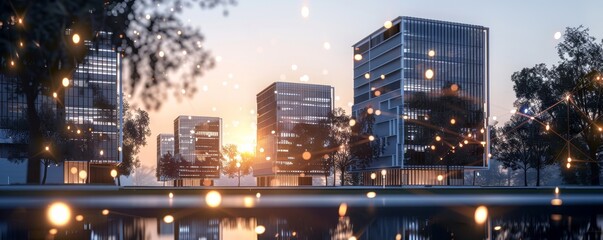 Obraz premium Modern urban skyline at sunset with illuminated fairy lights, reflecting in the water, surrounded by high-rise buildings and green trees.