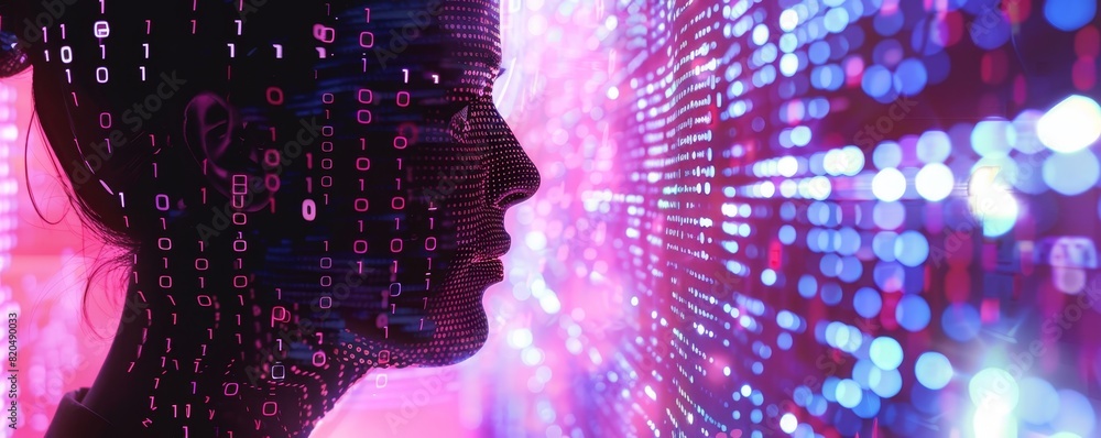 Poster silhouette of a human face against a colorful digital matrix background, representing technology and