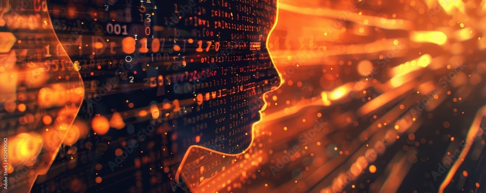 Poster silhouette of a human head overlaid with digital code and glowing lines, representing artificial int