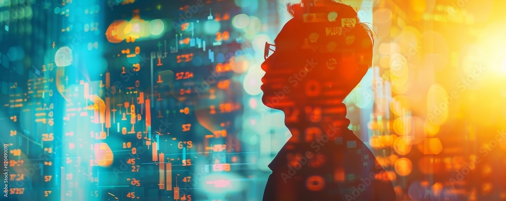 Poster silhouette of a man with futuristic data overlay, symbolizing technology, innovation, and the digita