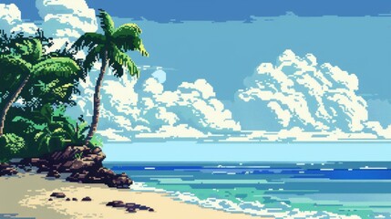 seascape background with blue sky in pixel style, Ai Generated Image